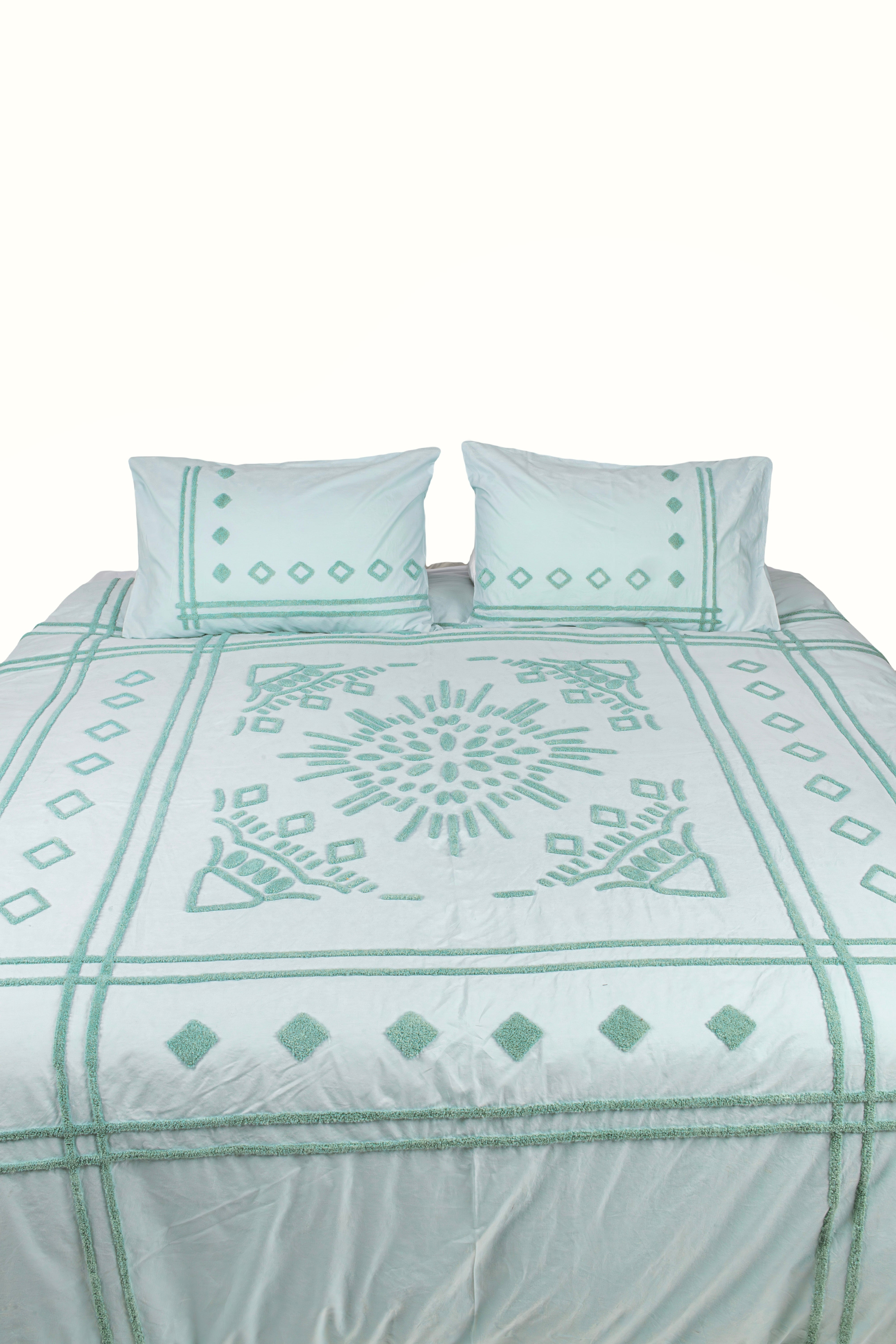 Boho Tufted Duvet Set in Mint Green